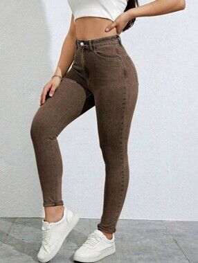SHEIN High-Waist Skinny Jeans in Brown